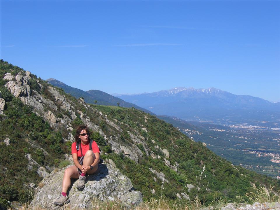 Françoise votre accompagnateur montagne en randonnée dans les Albères sur les hauteurs d'Argeles sur mer avec le Canigou ( canigo ) en arrière plan .